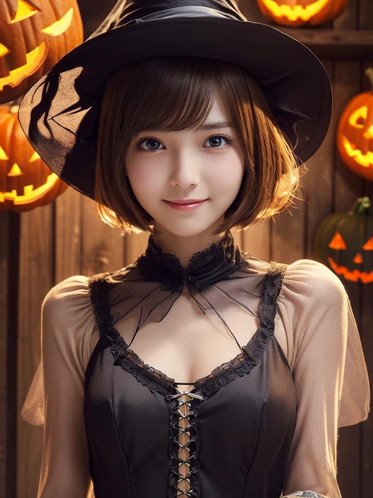 ((from below,upper body),A 25 years old girl, detailed cutie face, beautiful detailed eyes, detailed dropped eyes, left and right eyes are equal,beautiful charming big smile, extremely detailed face,slender body,short hair,anime style, (halloween costume):2.0), Highres fix,colorful lights, pumpkin decorations, haunted house, best quality, 4k, highres, masterpiece, realistic, photorealistic, photo-realistic, vivid colors, intricate details, fantasy, soft lighting, magical