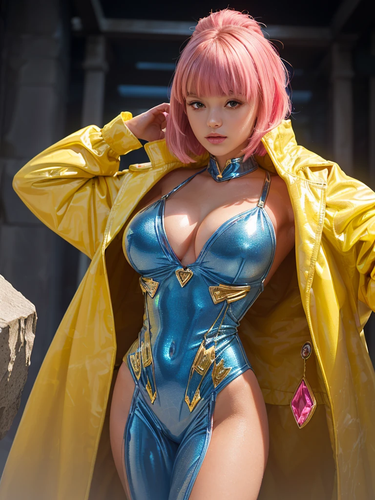 (bright girl with beautiful  body l :1.3),(hyper method immoral move:1.3),(gigantic  breasts with future:1.2), (blue and yellow marble melt body big suits with secret emblems:1.3),(beautiful shiny skin:1.3),(bangs:1.2),(pink hair color:1.2),(many beautiful small stones :1.3)