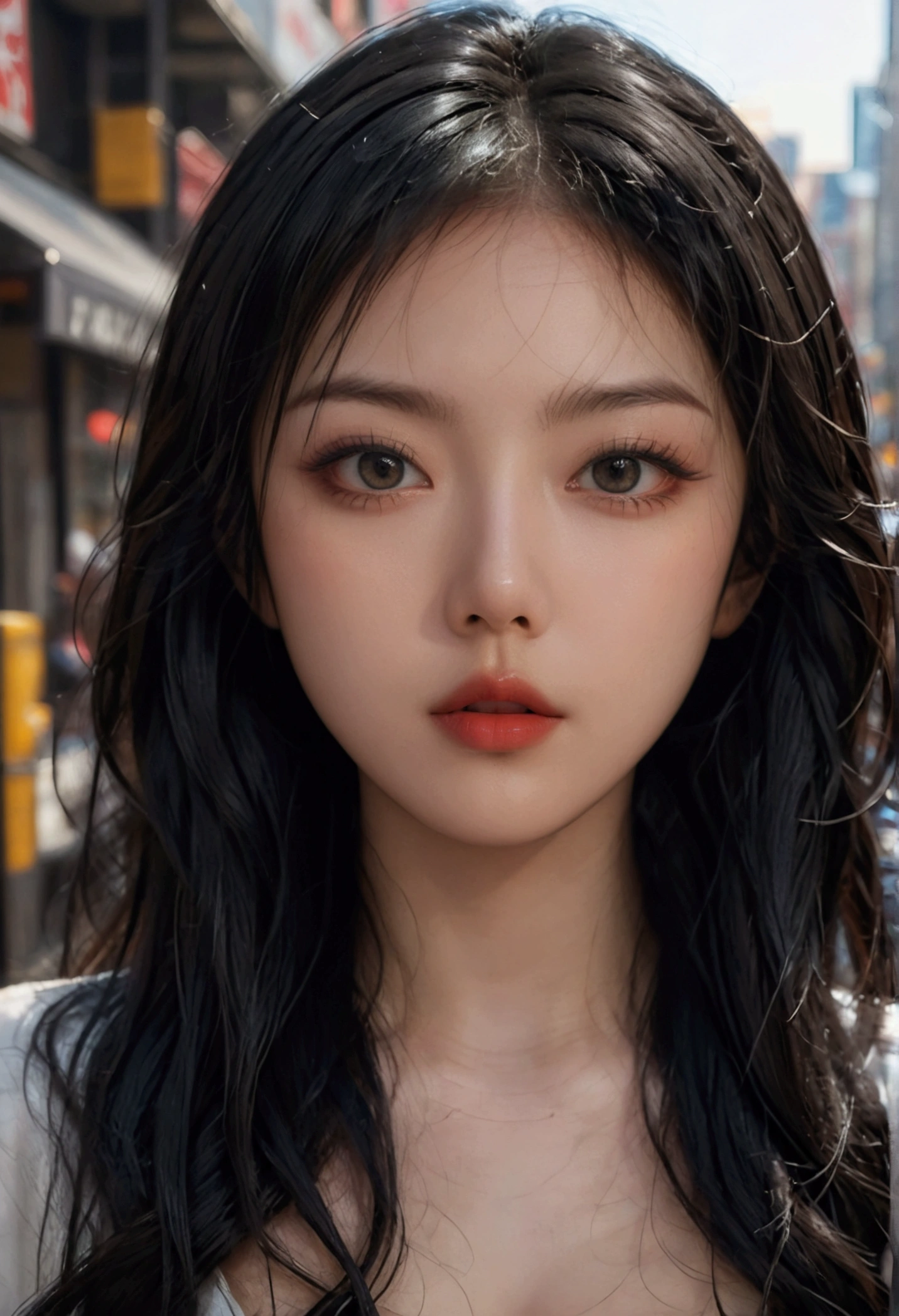 a real sexy asian woman with long black hair, beautiful detailed eyes, beautiful detailed lips, extremely detailed face and skin, inside new york city street, 8k, high quality, cinematic lighting, photorealistic, masterpiece, professional photography, ultra detailed, body view and camera view up