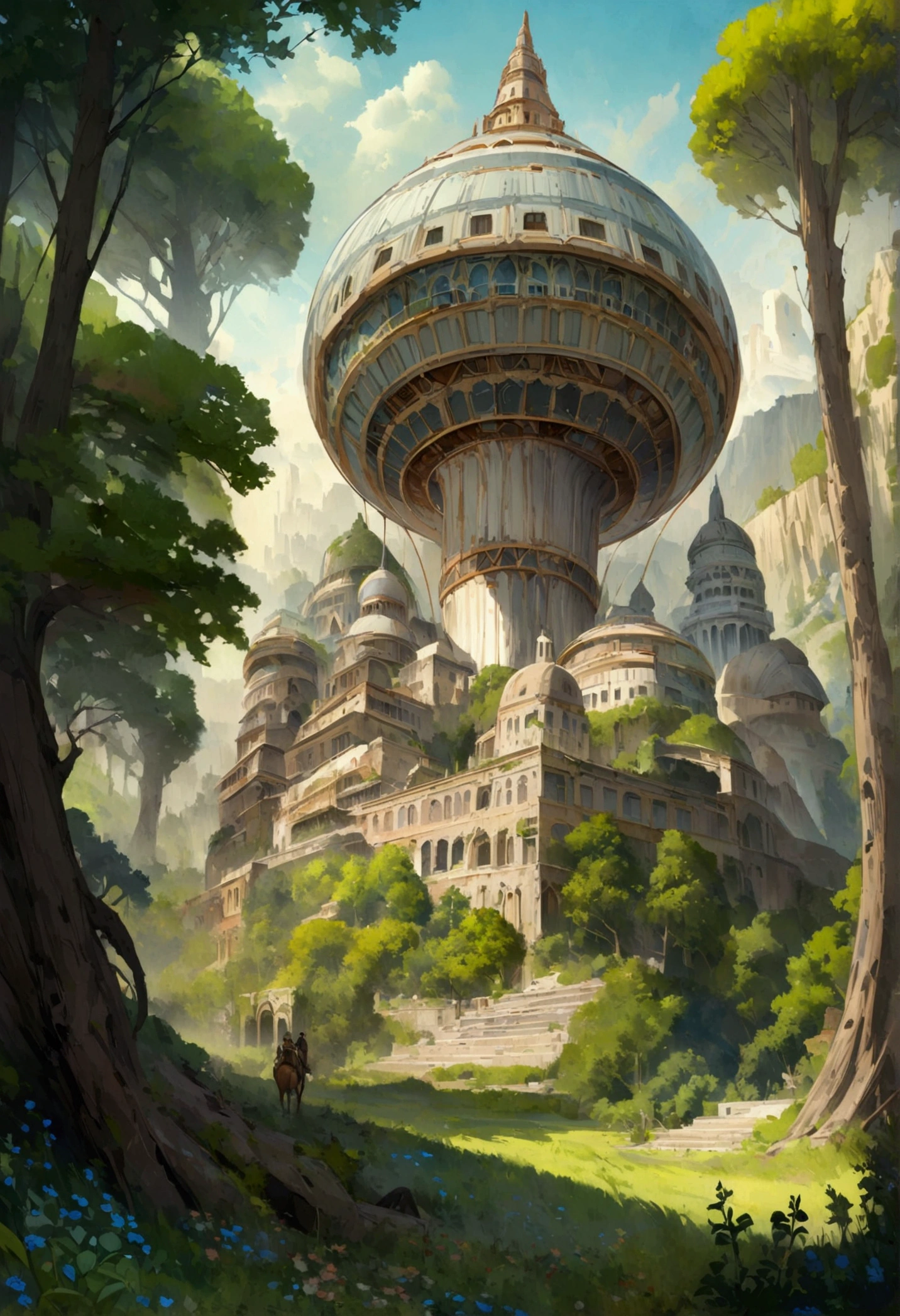 ralph-mcquarrie style, greek architecture done in a sci-fi style on a beautiful forest and meadow scene with tall buildings and open green spaces, oil painting, beautiful, highly detailed