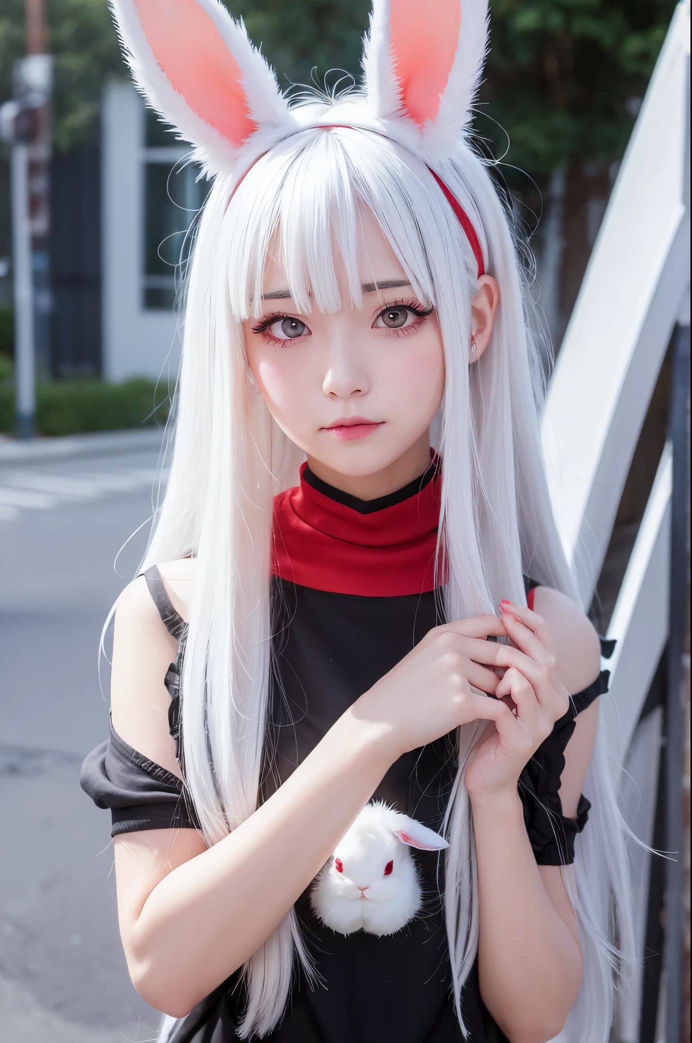 Anime girl with white hair and bunny ears, Red eyes, Shy blush, 