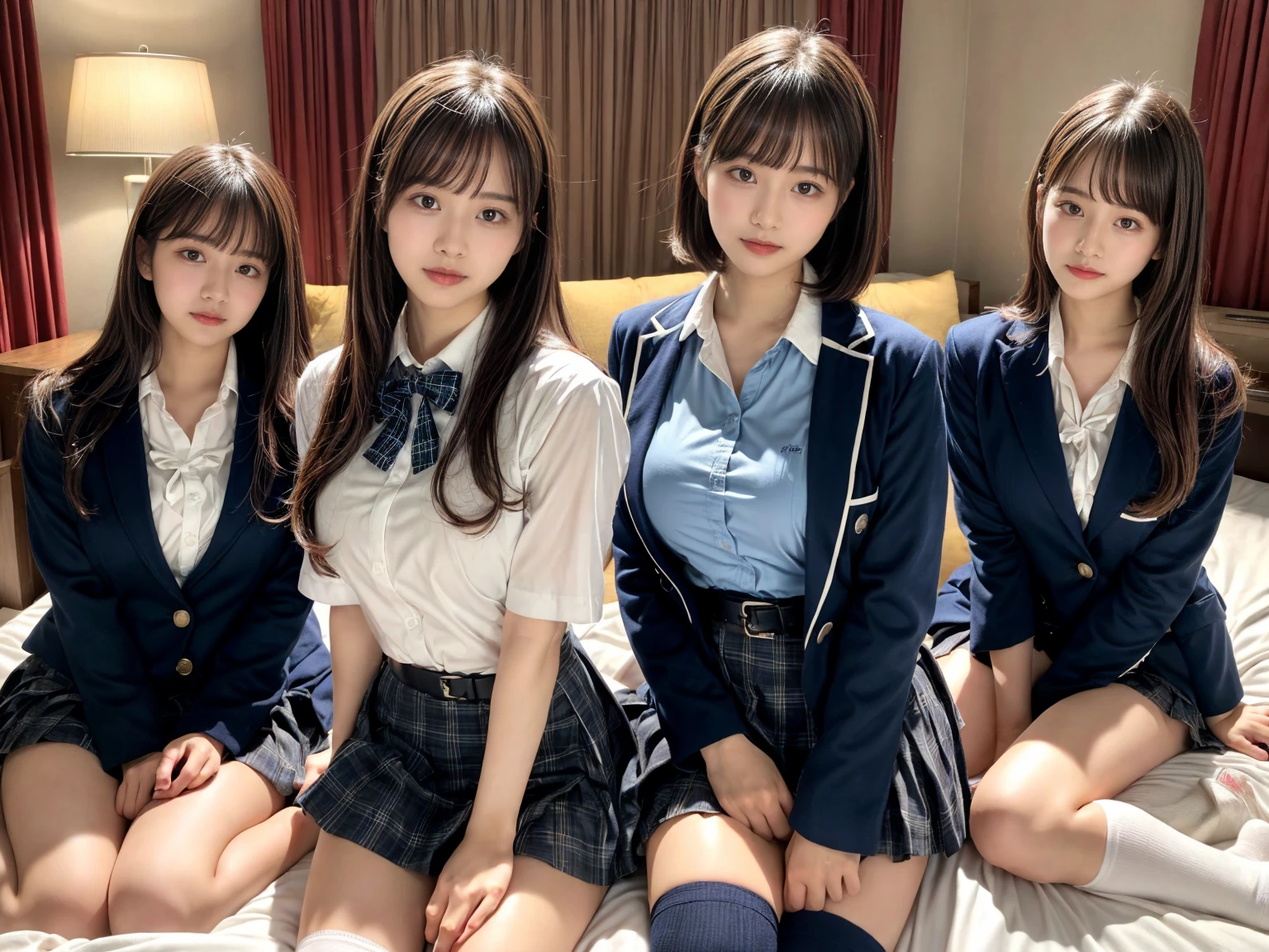 masterpiece, best quality, illustration, Super detailed, fine details, High resolution, 8K,wall paper, perfect dynamic composition,(Details High quality, realistic depiction of eyes:1.3), (2 girls), High school girl uniform、blazer 、Super Short Check Uniform Skirt、Navy blue high socks、garterbelts、Colossal tits, sitting, open legs, short bob hair, in a hotel room in the background, deep on field, large breasts, black hair color, Big Natural Color Lip, (perfect body shape), crying a little、Harajuku style、20 year old girl、cute type、beautiful legs, Gravure Idol