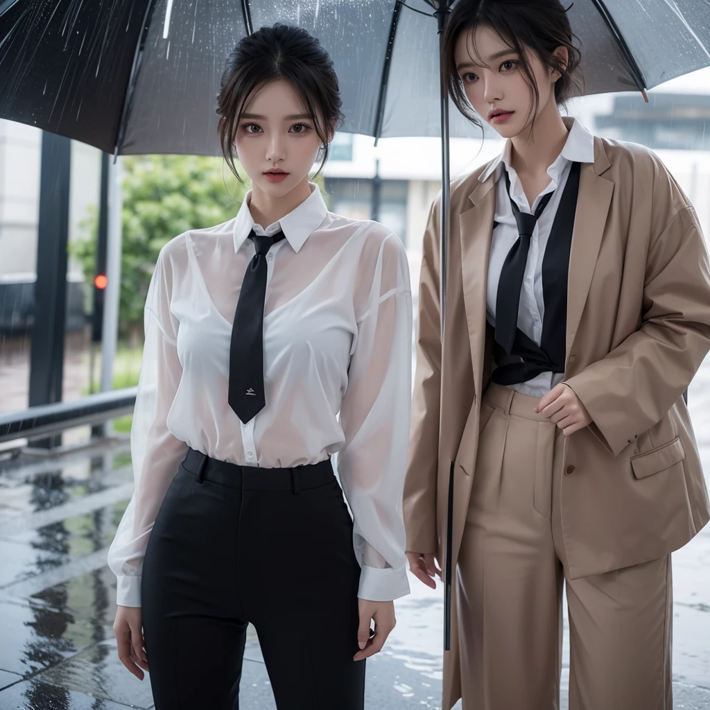 exy pose、Hair getting wet in the rain、Mr.々Hair style、Short Hair、Transparent shirt、Beautiful woman getting wet in the rain、typhoon、Get wet without an umbrella、Beautiful woman in the rain、雨で濡れたBeautyOL、Detailed face、Realistic、beautiful girl、Beauty、Office Lady Uniform、beauty、Beautiful woman、Narrow waist、Handsome woman、Tight pants look、suit、Sexy pose、タイトなsuitパンツ、雨で濡れたsuit、Wet naked shirt、See-through shirt、Shot in heavy rain、Naked shirt、Gaudy colored underwears