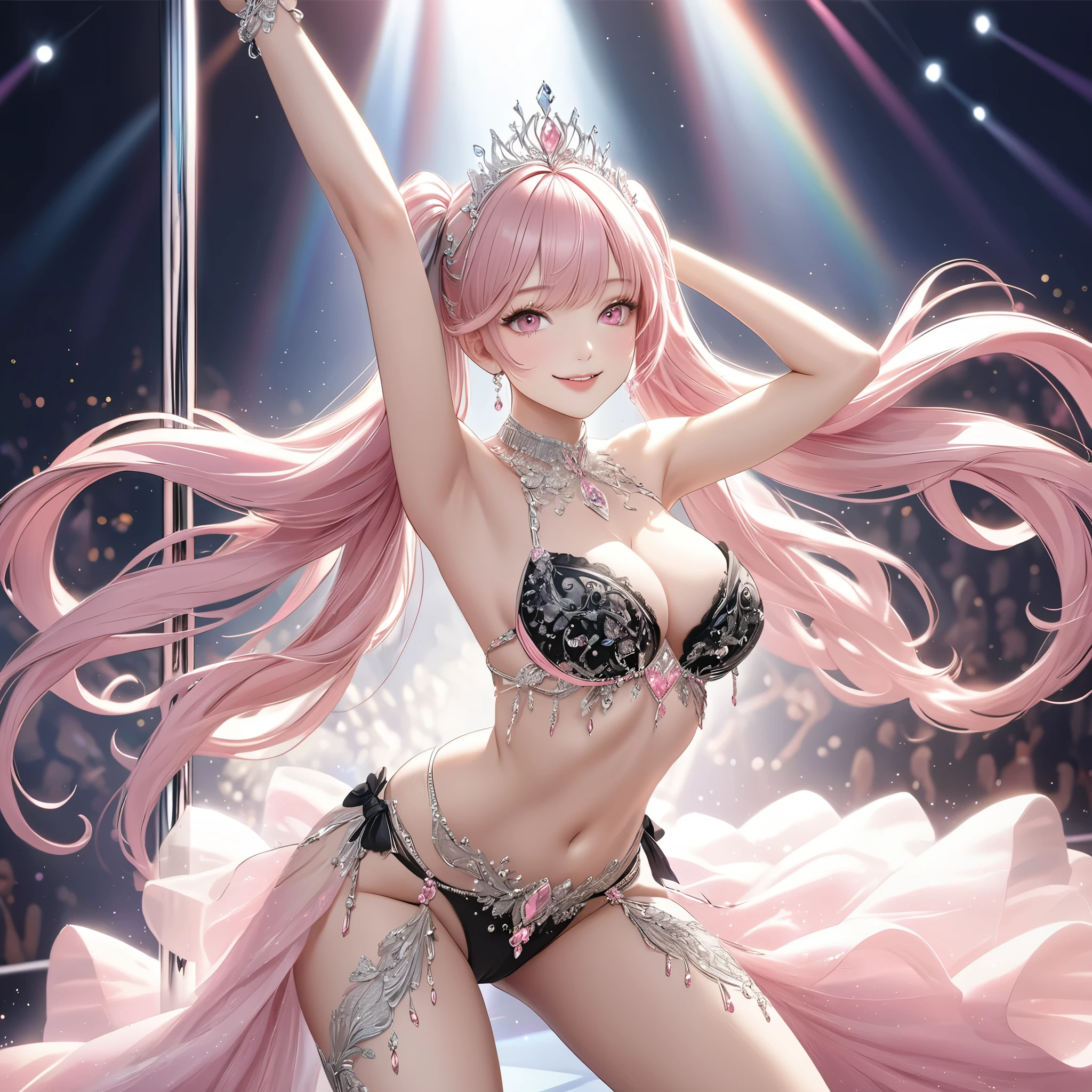 (8K, masutepiece, Highest Quality, Best Quality, Official art, highly detailed, best masterpiece in history that exceeds limits, Breathtaking and beautiful lighting), (1 Girl, Solo), (), (Beautiful detailed face), (shiny white skin), (Beautiful big bust, cleavage:1.2), (thighs, navel), (Beautiful detailed pink twin tails hair, Bangs:1.3), (beautiful detailed drooping pink eyes:1.5), break, (Beautiful black bellydancer, black See-through intricate lace, black cute bow ribbon, black See-through frill, silver thread, Diamond), (Beautiful Luxurious Diamonds Tiara), (happy Beautiful smile:1.2), (pole dancing, dynamic pose, Attractive, Look at the camera), breathtaking scenery, (ultra detailed realistic beautiful pole dance stage, rainbow spotlights),