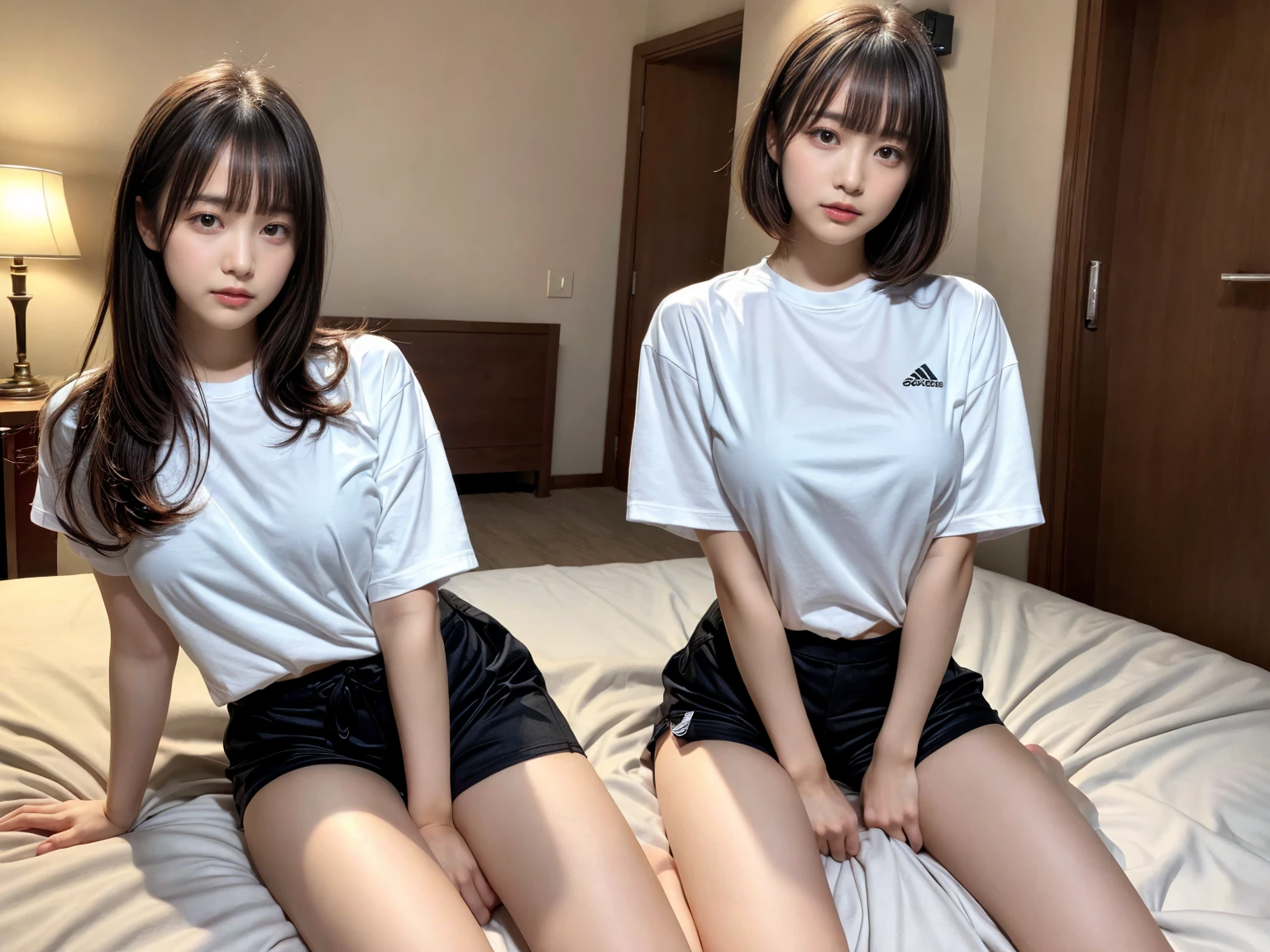 masterpiece, best quality, illustration, Super detailed, fine details, High resolution, 8K,wall paper, perfect dynamic composition,(Details High quality, realistic depiction of eyes:1.3), (2 girls), oversized sport shirt, shorts women, sitting, open legs, short bob hair, in a hotel room in the background, deep on field, large breasts, black hair color, Big Natural Color Lip, (perfect body shape), crying a little、Harajuku style、20 year old girl、cute type、beautiful legs, Gravure Idol