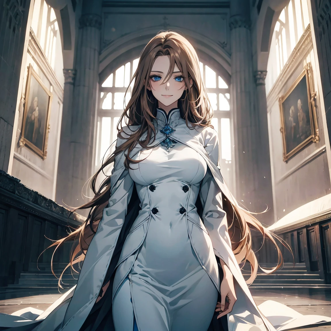 (Highest quality,High resolution,Very detailed),1 girl, Beautiful and elegant light blue eyes, Brown Hair, Cold Smile,Straight long hair tied back, suit, Mature Woman, Age 28,Cold Smile, Calm and Calm, Slim figure, tall,Pale complexion, thin, Calm, secretary,Big white foxを連れている,Big white fox,Small breasts