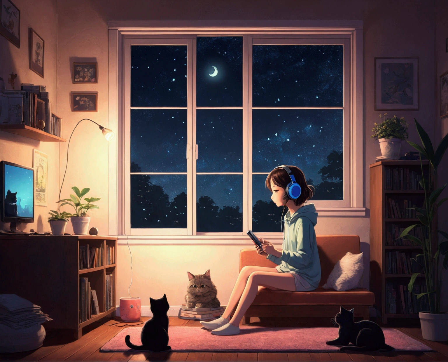 night、Girl listening to music in a cozy room, Headphonesの使用, 2D-style animation, Lo-Fi, hard disk, For dark environments、Super cute cat、To be able to erase the background, Cute girl and cat together、Headphones、relax、