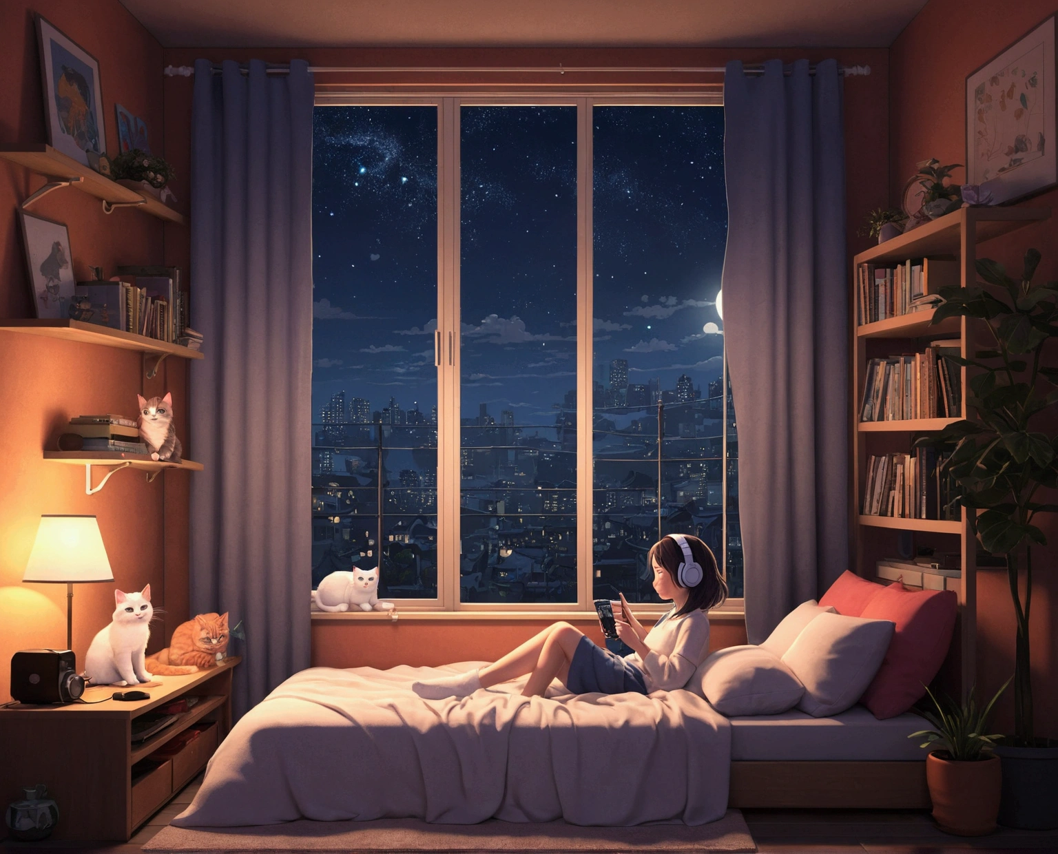 night、Girl listening to music in a cozy room, Headphonesの使用, 2D-style animation, Lo-Fi, hard disk, For dark environments、Super cute cat、To be able to erase the background, Cute girl and cat together、Headphones、relax、
