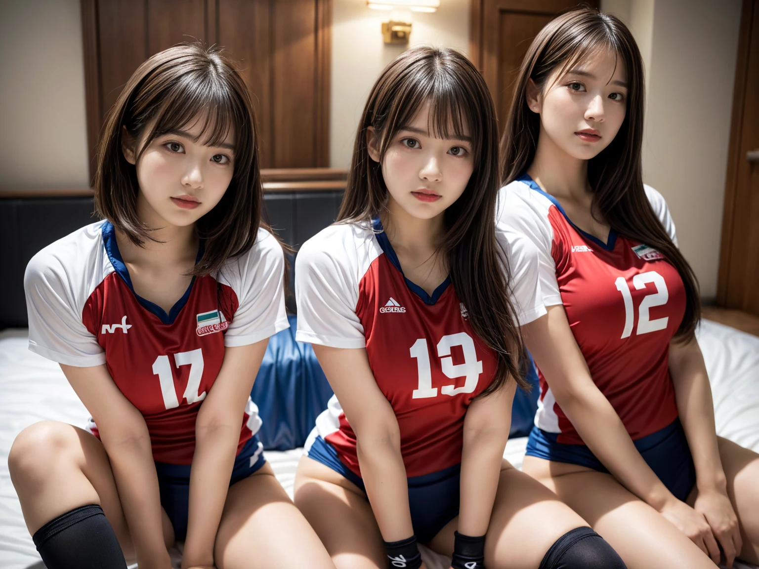 masterpiece, best quality, illustration, Super detailed, fine details, High resolution, 8K,wall paper, perfect dynamic composition,(Details High quality, realistic depiction of eyes:1.3), (2 girls), (short hair volleyball player, Volleyball Uniforms), Tight clothes, sitting, open legs, short bob hair, in a hotel room in the background, deep on field, large breasts, black hair color, Big Natural Color Lip, (perfect body shape), crying a little、Harajuku style、20 year old girl、cute type、beautiful legs, Gravure Idol