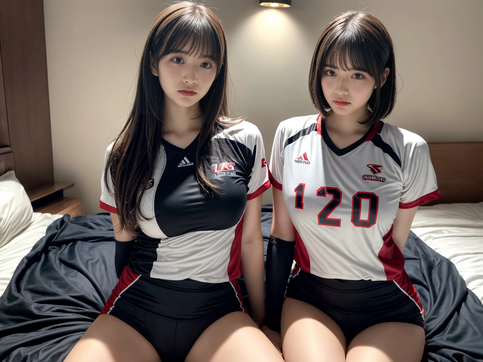 masterpiece, best quality, illustration, Super detailed, fine details, High resolution, 8K,wall paper, perfect dynamic composition,(Details High quality, realistic depiction of eyes:1.3), (2 girls), (short hair volleyball player, Volleyball Uniforms), Tight clothes, sitting, open legs, short bob hair, in a hotel room in the background, deep on field, large breasts, black hair color, Big Natural Color Lip, (perfect body shape), crying a little、Harajuku style、20 year old girl、cute type、beautiful legs, Gravure Idol