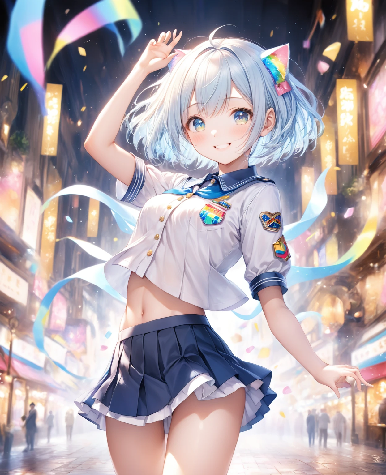 (Highest quality, 8k, 32K, masterpiece, Ultra-high resolution,:1.2),born, One girl,Super cute , Fantasy Background, Clear, shining eyes, 20-year-old ,Fair skin, Girl with light blue hair, short hair, keep your spirits up, expensive, uniform, mini skirt,D cup breasts,,An innocent smile,Nyan Nyan Pose,