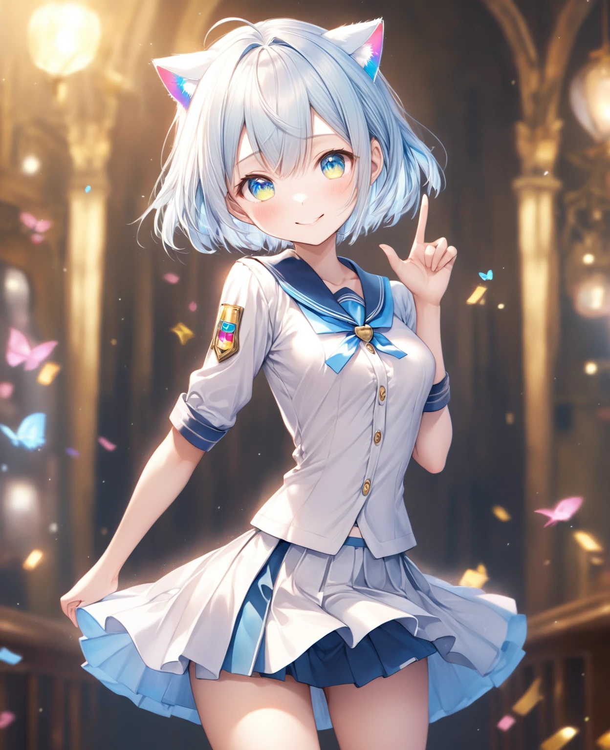 (Highest quality, 8k, 32K, masterpiece, Ultra-high resolution,:1.2),born, One girl,Super cute , Fantasy Background, Clear, shining eyes, 20-year-old ,Fair skin, Girl with light blue hair, short hair, keep your spirits up, expensive, uniform, mini skirt,D cup breasts,,An innocent smile,Nyan Nyan Pose,
