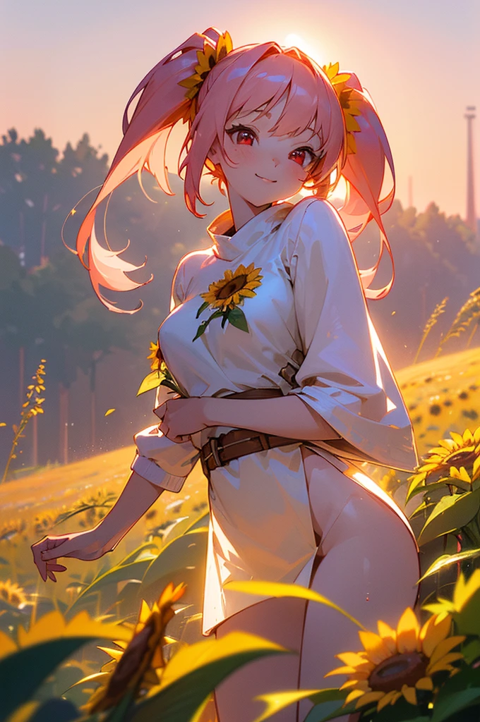 ((best quality, ultra-detailed, high resolution, extremely detailed CG, super detailed, direct light, Most beautiful clean lighting)), 1 girl, beautiful girl, cute girl and idol face, young face, smile, Beautiful long pink hair, twintails, Beautiful shining red eyes, white skin, slender, Short body, summer sweater, Midsummer Scenery, sunflower field