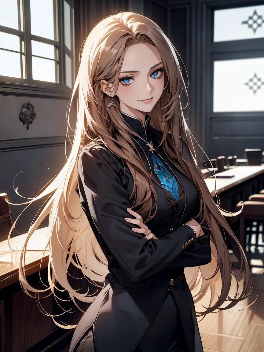 (Highest quality,High resolution,Very detailed),1 girl, Beautiful and elegant light blue eyes, Brown Hair, Cold Smile,Straight long hair tied back, Wearing a black suit, Mature Woman, Age 25,Cruel smile, Calm and Calm, Slim figure, Pale complexion, thin, Calm, In the conference room.
