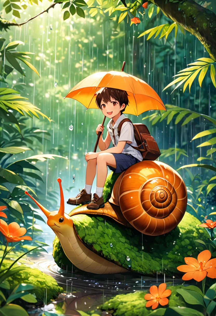 8k，One is short in stature， boy with gentle smile riding a snail，Sitting happily in the rain，Sitting on a moss covered leaf，Under the leaves is a big flower，There is a hole in the flower，Rainwater will enter，Rainforest background，Small Flower，Sparkling dew and raindrops，Red in dappled sunlight，Orange sum