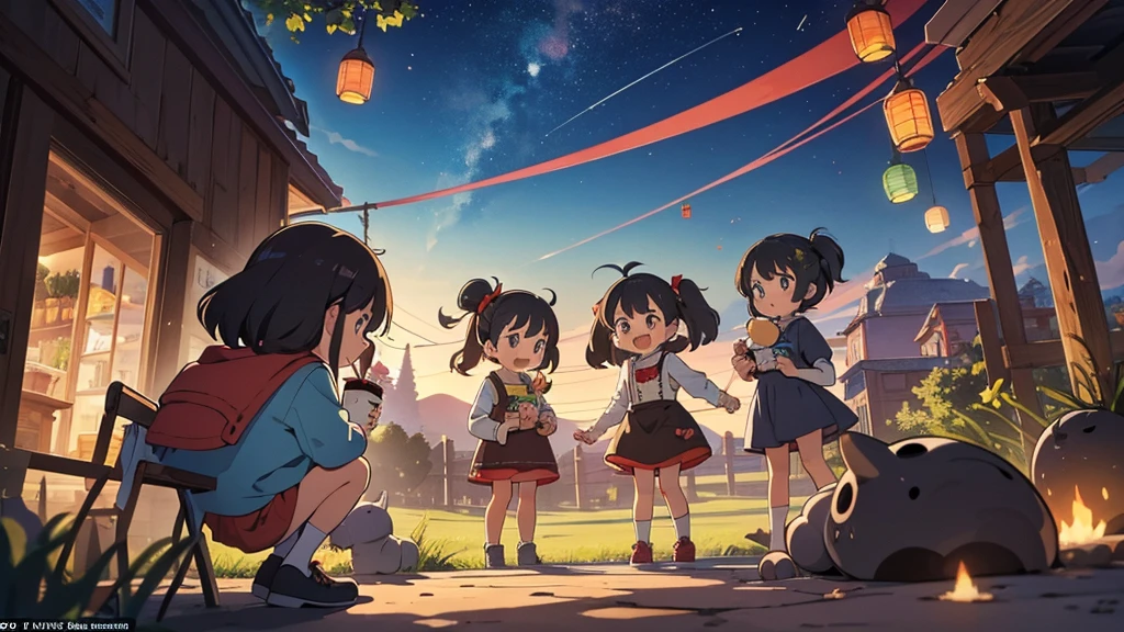 (masterpiece: 1.2, Highest quality),, Depth of written boundary, Highest quality, masterpiece, Create a high-quality, whimsical image featuring children who are excitedly trying to eat meteorites. The scene should depict several kids in a playful outdoor setting, such as a park or a backyard, with large, cartoonish meteorites scattered around. The meteorites should look exaggerated and colorful, as if they are part of a fun, imaginative game. The children should have enthusiastic expressions, as if they are eagerly trying to take bites out of the meteorites. Include details like comical utensils or exaggerated food-themed accessories, and ensure the overall style is vibrant and humorous.