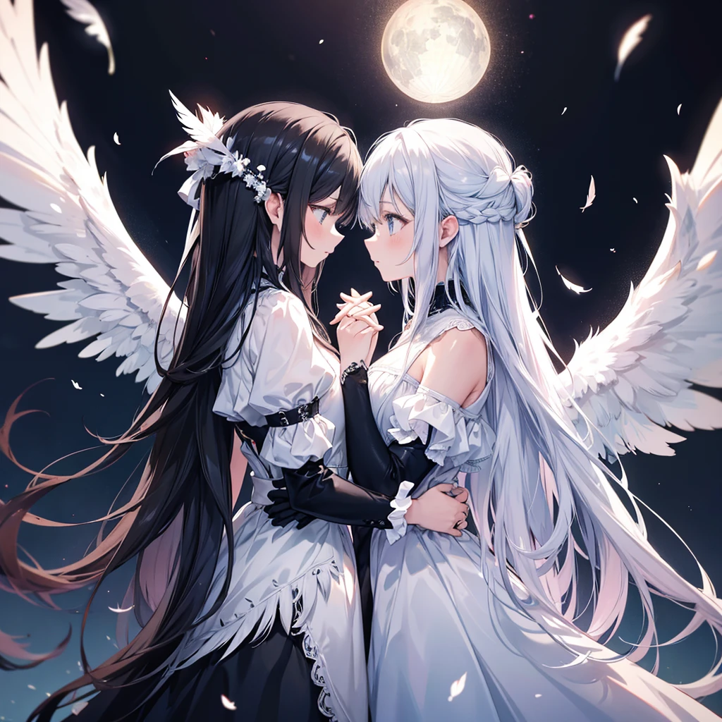 Two Women((Facing each other,Put your hands together)) background((centerparted,Black and White,1：1)) Parallel worlds,Despair and Happiness Anime Style (Archangel,White Feather) (fallen Angel,Black Feather),Contrasting