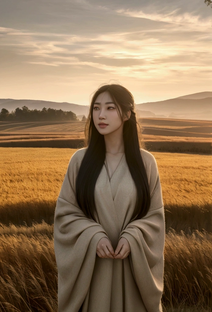 a vast landscape, a asian girl standing alone in a field, beautiful detailed eyes, beautiful detailed lips, extremely detailed eyes and face, long eyelashes, long flowing hair, serene expression, (best quality,4k,8k,highres,masterpiece:1.2),ultra-detailed,(realistic,photorealistic,photo-realistic:1.37),landscape, pastoral, natural lighting, soft colors, warm tones, golden hour