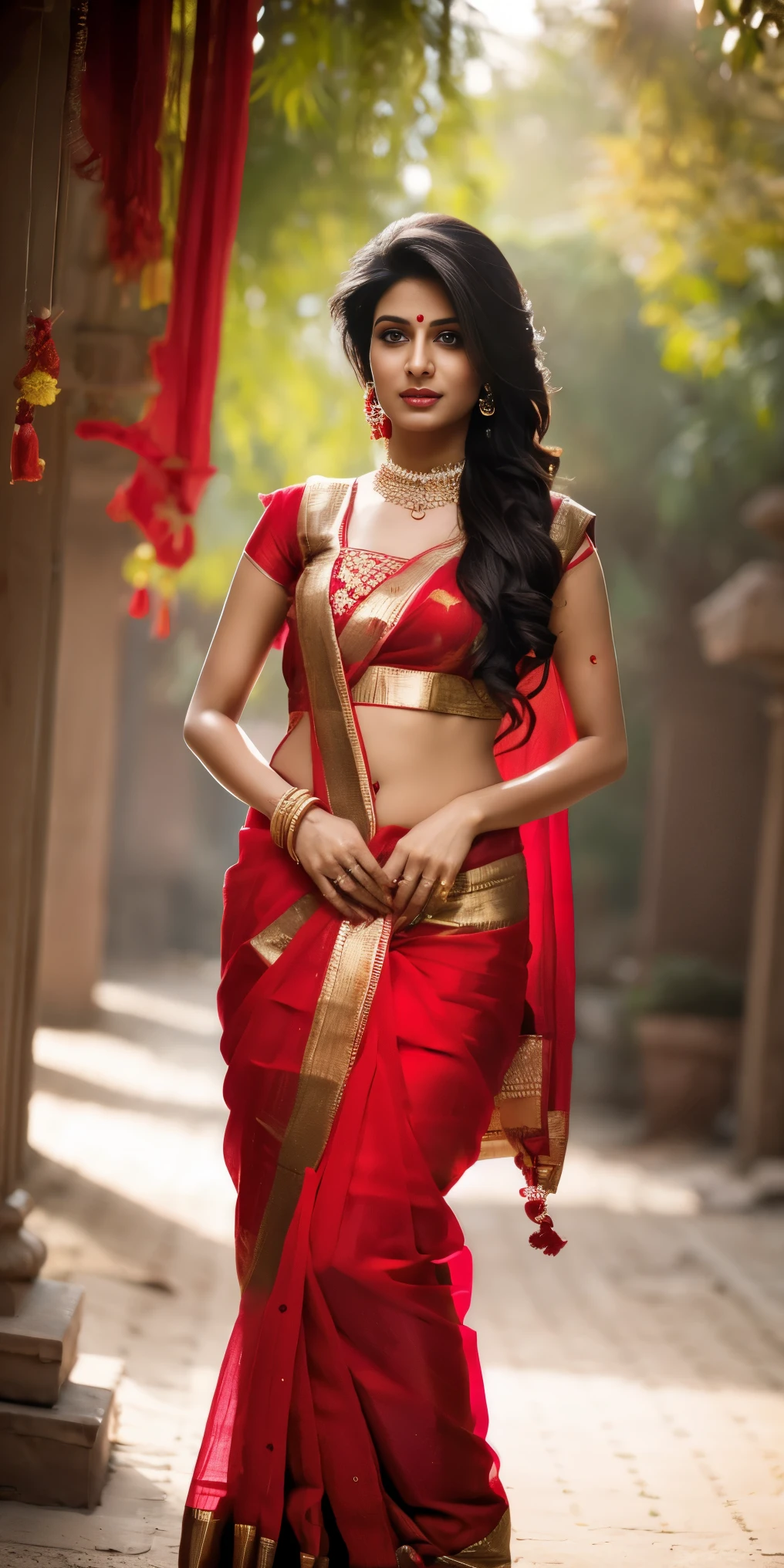 Really hot Indian bhabhi in red  sari 8k hyperrealstic full detailed 