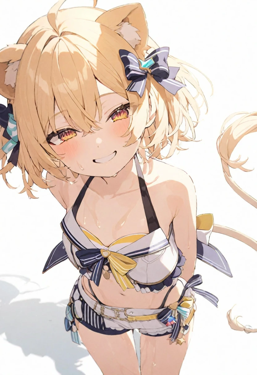 (muste piece), (best quality), (score_9, score_8_up, score_7_up), very detailed eyes, expressive eyes, perfect face, very detailed face, highly detailed face, beautiful girl, 8K, beautiful girl, white background, delicate and beautiful face and eyes, dark intense shadow, 1 girl, vtuber style, cool girl, hololive, vtuber, rurudo_lion, linen lion ears, linen lion tail, linen hair, short hair, blond eyes, hair between eyes, hololive summer 2023 swimsuit, bare shoulders, layered bikini, yellow bikini, striped bikini, bikini shorts, cameltoe, small chest, bare arms, smile, closing mouth, wet hair, wet body, body visible through clothes, chest visible through clothes, (full body), half-closed eyes, standing, arms behind back,