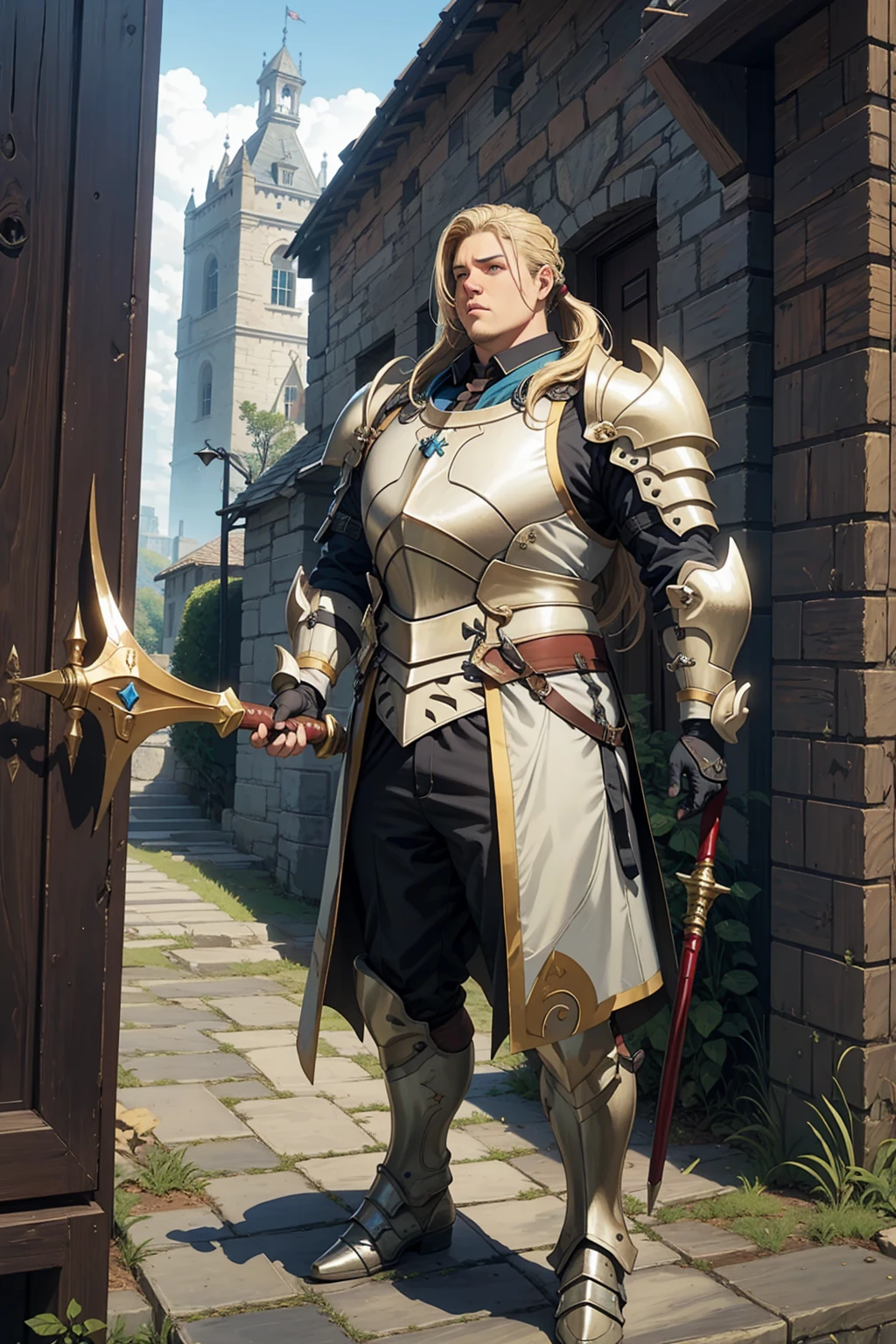 1 obese male, long blonde ponytail hair, wearing shiny knight armor, fully armored, with spear at the hand, standing guarding a castle door entrance