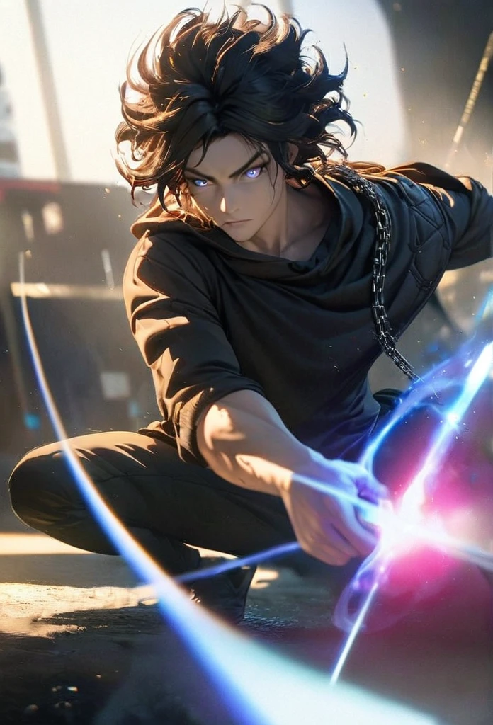 (solo), masculine, black hair, messy hair, mane hair, short hair, dense hair, wild hair, expressive hair, mature,(25 year old), pale skin, grey eyes, ((man)), teacher, wearing black shirt, rolled up sleeves, black long pants, One shoulder has shoulder armor, black cape covering one arm, detailed eyes, dark, hood, the background is space in china. Silver chains everywhere, attractive, eye reflection, depth of field, thunder aura, cinematic lighting, ray tracing, depth of field, cinematic lighting, ray tracing, UHD, high details, best quality, highres, high quality, award winning, super detail, masterpiece, 8k, UHD, high details, best quality, highres, high quality, award winning, super detail, masterpiece, 8k, digital art, anime coloring, full body, body shot, good face, perfect face, detailed face, good eyes, in a fighting position, holding a sword.