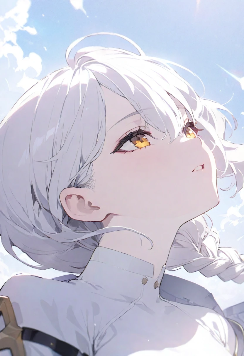 best quality, masterpiece,White hair, Golden Eyes,White clothes, look up, Upper Body,Hair,White skin,Side Braid