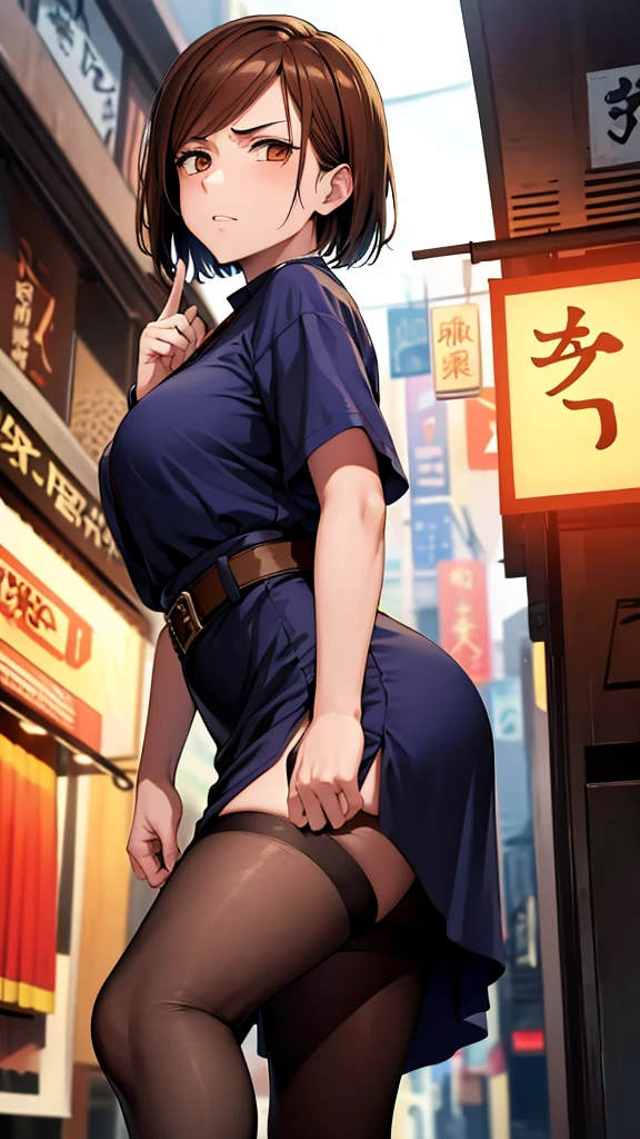 (high res, 8K, masterpiece, looking at viewer, best quality, very aesthetic, ultra detailed, ultra background, ultra Eyes), intricate details, 1girl, Nobara Kugisaki, Jujutsu  of dark blue sepakuran style top, matching long skirt that reaches just above the knee, wearing black stockings, brown shoes, brown belt Short brown hair, orange Eyes, Angry Face, in front of a clothing store, pointing to clothes in the shop, Background City, Cinematic Angle