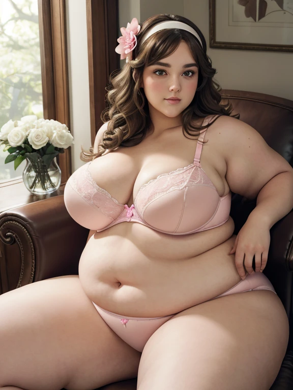 A very beautiful white girl with curly light brown hair but she is very very fat and big, she weighs 700 pounds, sitting in a brown recliner, exhausted, wearing tightly stretched pink underwear and loose bra, very large and fat legs, chunky arms, massive belly, detailed face and eyes, perfect face, legs spread out, full body view, bigger belly, slight grin, wearing pink headband with a flower on it