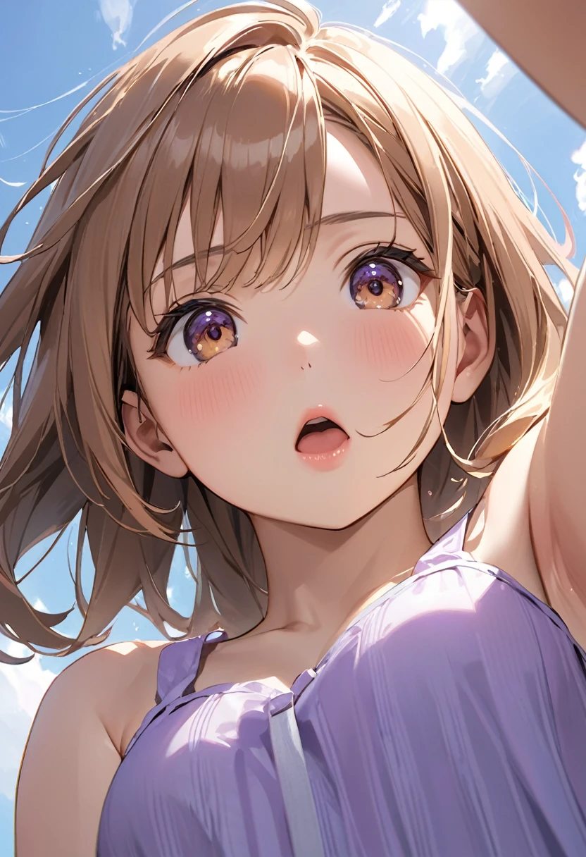 Highest quality, masterpiece, Ultra-high resolution, Realistic:1.2, RAW Photos, Intricate details, Portraiture, Big beautiful brown eyes:1.2, Perfect contours, Perfect proportions:1.2, One Girl, break ((Close-up of the mouth:1.2, ((from below:2)), (front shot:1.2), looking down:1.2)), ((petite, short, tiny girl:1.2)), Light Brown Hair、((long hair, twintails:1.2)), (makeup:1.2, full lips:1.3, pink lips:1.3, shiny lips:1.3, parted lips:1.2), (Stroll through the lavender fields:1.2), ((Silk sleeveless shirt:1.2, Silk long skirt, Low heels)), break ((Place one arm above your head、Place one arm in front of your knee、My hair is about to be blown away by the wind:1.3、Leaning forward:1.2))、(Embarrassed expression:1.2、Angry), (The background is a lavender field:1.2、Lavender fluttering in the wind, Several tourists walking), ((Gust of wind:1.2)), (armpit:1.2), (empty-handed)