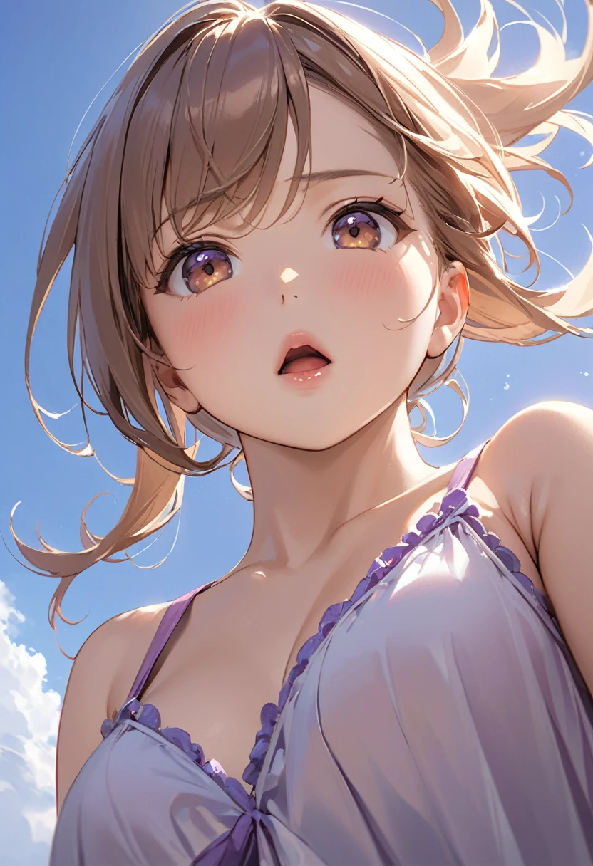 Highest quality, masterpiece, Ultra-high resolution, Realistic:1.2, RAW Photos, Intricate details, Portraiture, Big beautiful brown eyes:1.2, Perfect contours, Perfect proportions:1.2, One Girl, break ((Close-up of the mouth:1.2, ((from below:2)), (front shot:1.2), looking down:1.2)), ((ite, short, tinrl:1.2)), Light Brown Hair、((long hair, twintails:1.2)), (makeup:1.2, full lips:1.3, pink lips:1.3, shiny lips:1.3, parted lips:1.2), (Stroll through the lavender fields:1.2), ((Silk sleeveless shirt:1.2, Silk long skirt, Low heels)), break ((Place one arm above your head、Place one arm in front of your knee、My hair is about to be blown away by the wind:1.3、Leaning forward:1.2))、(Embarrassed expression:1.2、Angry), (The background is a lavender field:1.2、Lavender fluttering in the wind, Several tourists walking), ((Gust of wind:1.2)), (armpit:1.2), (empty-handed)