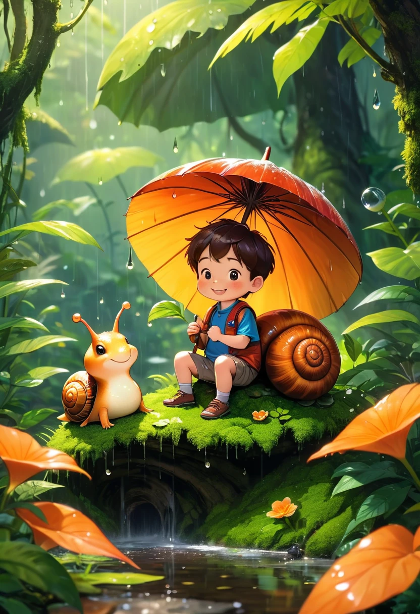 8k，One is short in stature， boy with gentle smile riding a snail，Sitting happily in the rain，Sitting on a moss covered leaf，Under the leaves is a big flower，There is a hole in the flower，Rainwater will enter，Rainforest background，Small Flower，Sparkling dew and raindrops，Red in dappled sunlight，Orange sum