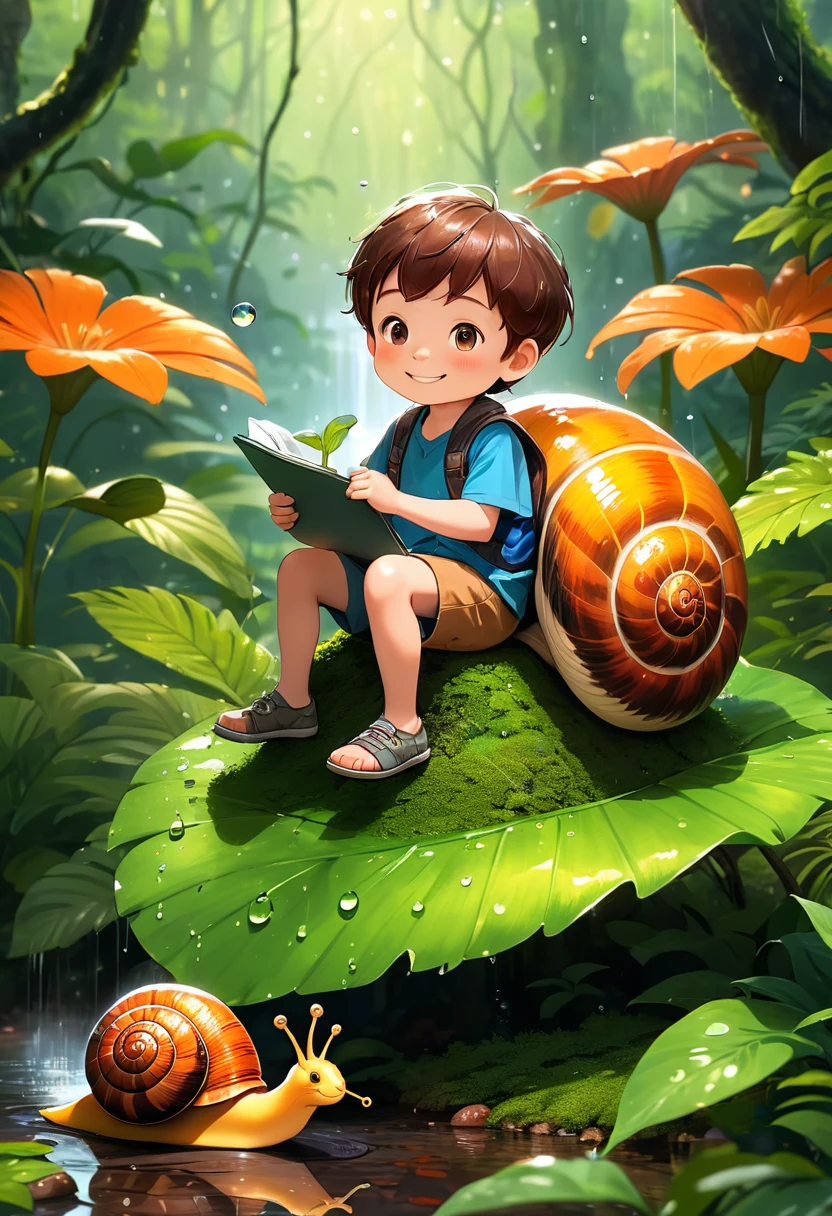 8k,One is short in stature,Little boy with gentle smile riding a snail,Sitting happily in the rain,Sitting on a moss covered leaf,Under the leaves is a big flower,There is a hole in the flower,Rainwater will enter,Rainforest background,Small Flower,Sparkling dew and raindrops,Red in dappled sunlight,Orange sum