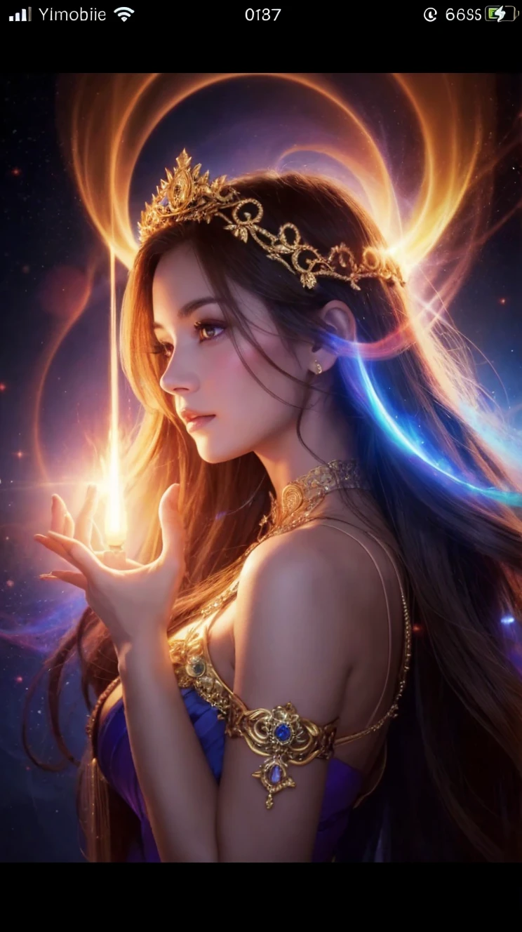 Mystical Goddess　A strong, beautiful face facing forward　A radiant aura　A powerful light emerges from the darkness, illuminating all things.