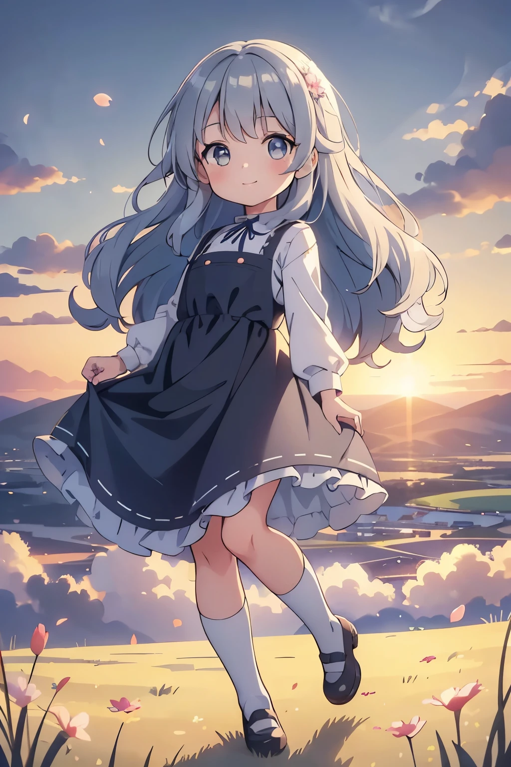 (high-quality, breathtaking),(expressive eyes, perfect face) 1girl, solo, , short height, age 5, sky e color hair, beige brown eye color, fluffy hair, wavy hair, long hair length, cute smile, childlike face, Symmetrical Eyes, portrait, positive expression, black and grey dress, blue ribbons, long socks, standing, looking at viewer, sunset sky, clouds, flower of fields, petals breeze