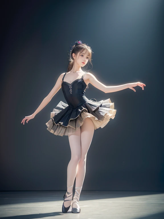 ((Full body portrait:1.5)),A beautiful girl with a baby face standing with her arms outstretched to the sides and an anxious look on her face,A cute girl wearing a frilled leotard that reveals her cleavage and high heels.,Ultra high definition,Highest quality