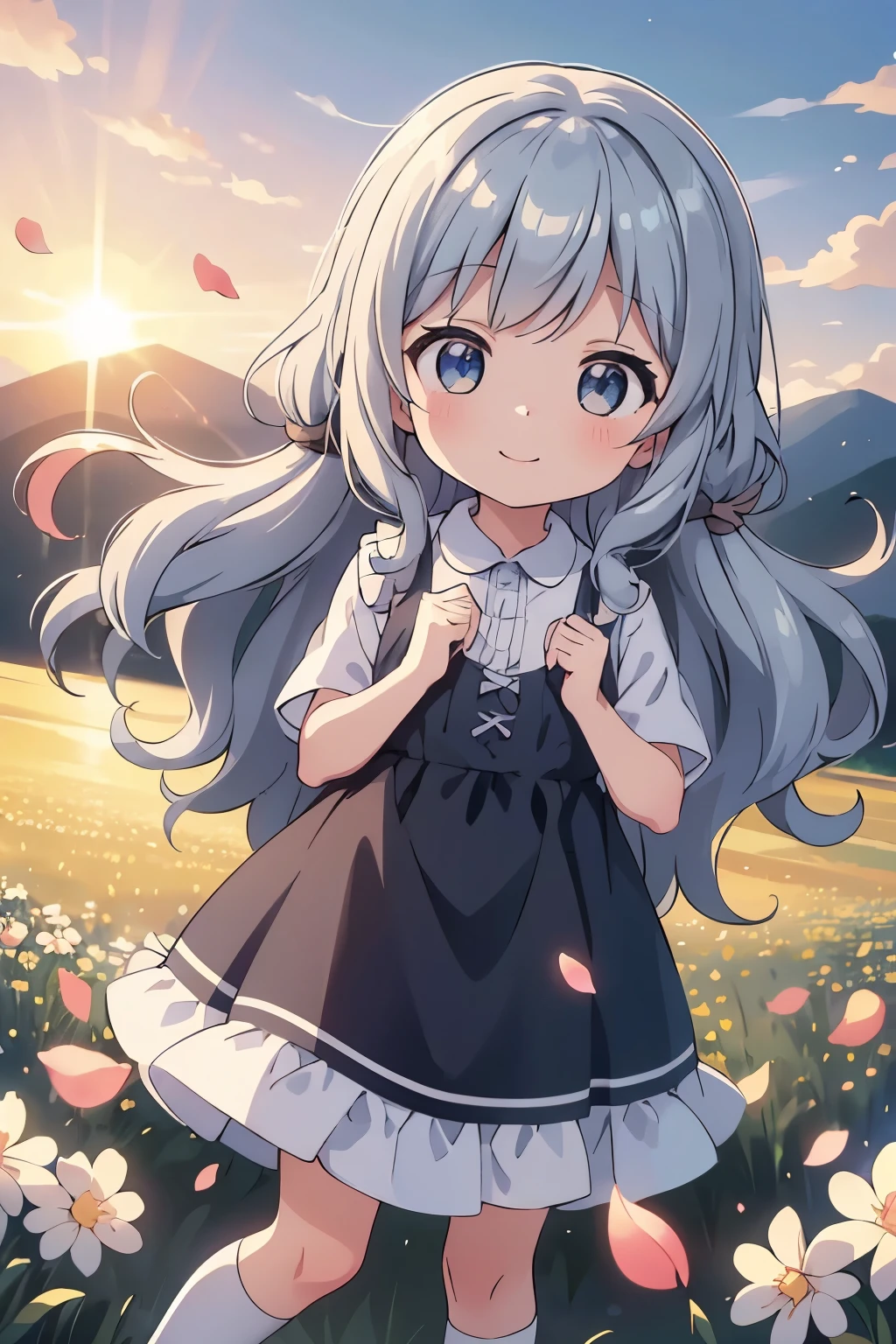 (high-quality, breathtaking),(expressive eyes, perfect face) 1girl, solo, , short height, age 5, sky e color hair, beige brown eye color, fluffy hair, wavy hair, long hair length, cute smile, childlike face, Symmetrical Eyes, portrait, positive expression,  black and grey dress, blue ribbons, long socks, standing, looking at viewer, sunset sky, clouds, flower of fields, petals breeze
