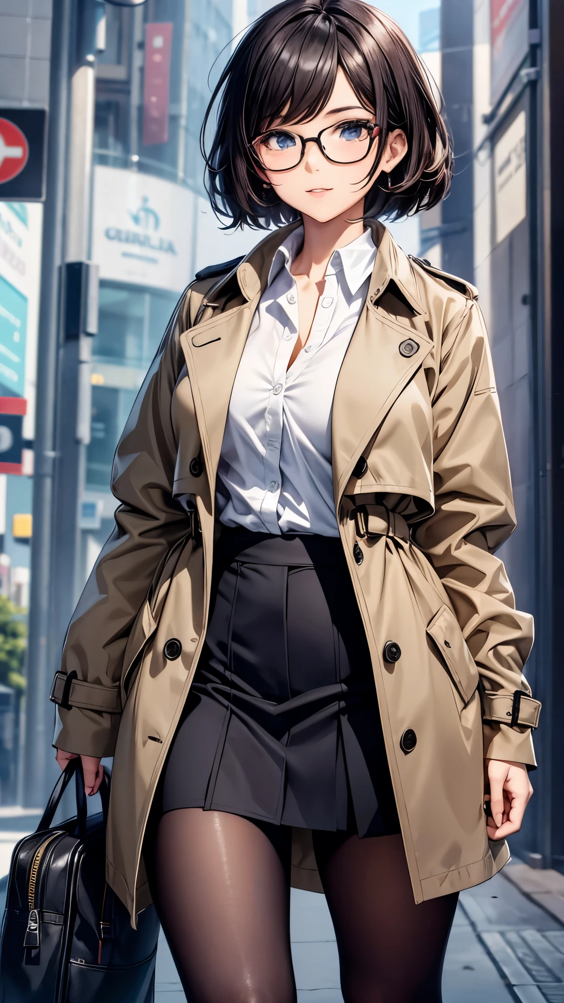 30-year-old woman,Very short hair,Glasses,office casual style,((Trench coat outerwear)),suit,Tight Skirt,pantyhose,((high-heel-long-boots2.0)).