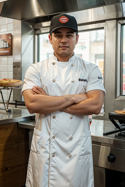 A pizza chef folding his arms in white chef coat standing in front of his pizza shop store front