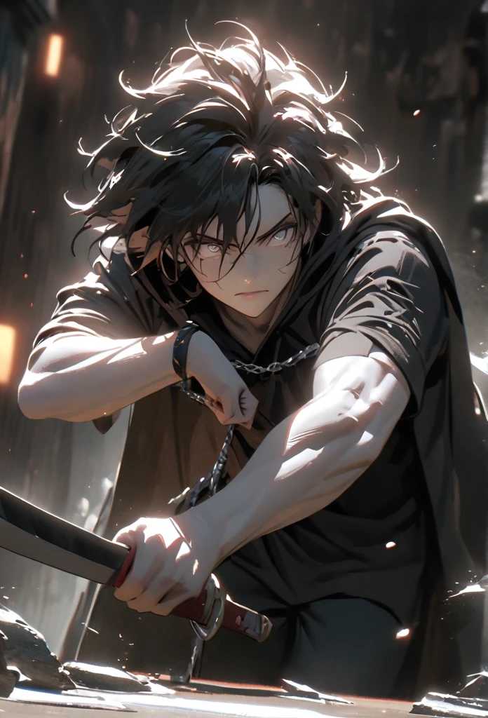 (solo), masculine, black hair, messy hair, mane hair, short hair, dense hair, wild hair, expressive hair, mature,(25 year old), pale skin, grey eyes, ((man)), teacher, wearing black shirt, rolled up sleeves, black long pants, One shoulder has shoulder armor, black cape covering one arm, detailed eyes, dark, hood, the background is space in china. Silver chains everywhere, attractive, eye reflection, depth of field, thunder aura, cinematic lighting, ray tracing, depth of field, cinematic lighting, ray tracing, UHD, high details, best quality, highres, high quality, award winning, super detail, masterpiece, 8k, UHD, high details, best quality, highres, high quality, award winning, super detail, masterpiece, 8k, digital art, anime coloring, full body, body shot, good face, perfect face, detailed face, good eyes, in a fighting position, holding a sword.