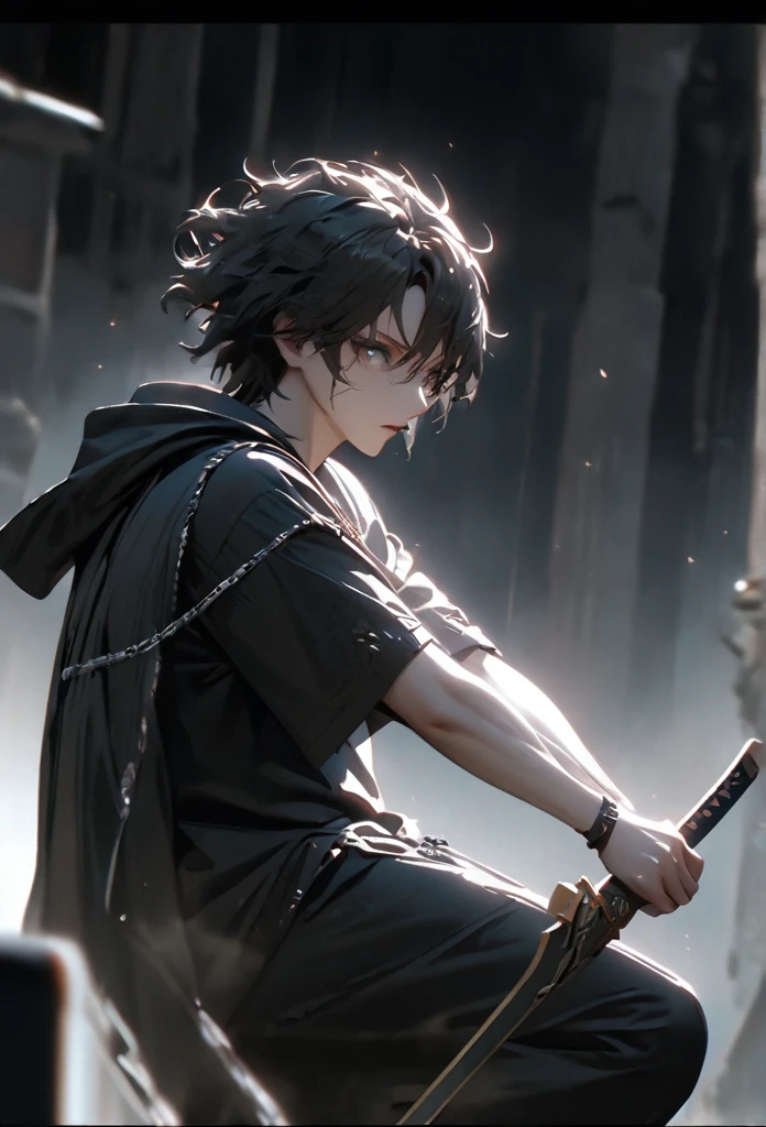 (solo), masculine, black hair, messy hair, mane hair, short hair, dense hair, wild hair, expressive hair, mature,(25 year old), pale skin, grey eyes, ((man)), teacher, wearing black shirt, rolled up sleeves, black long pants, One shoulder has shoulder armor, black cape covering one arm, detailed eyes, dark, hood, the background is space in china. Silver chains everywhere, attractive, eye reflection, depth of field, thunder aura, cinematic lighting, ray tracing, depth of field, cinematic lighting, ray tracing, UHD, high details, best quality, highres, high quality, award winning, super detail, masterpiece, 8k, UHD, high details, best quality, highres, high quality, award winning, super detail, masterpiece, 8k, digital art, anime coloring, full body, body shot, good face, perfect face, detailed face, good eyes, in a fighting position, holding a sword.