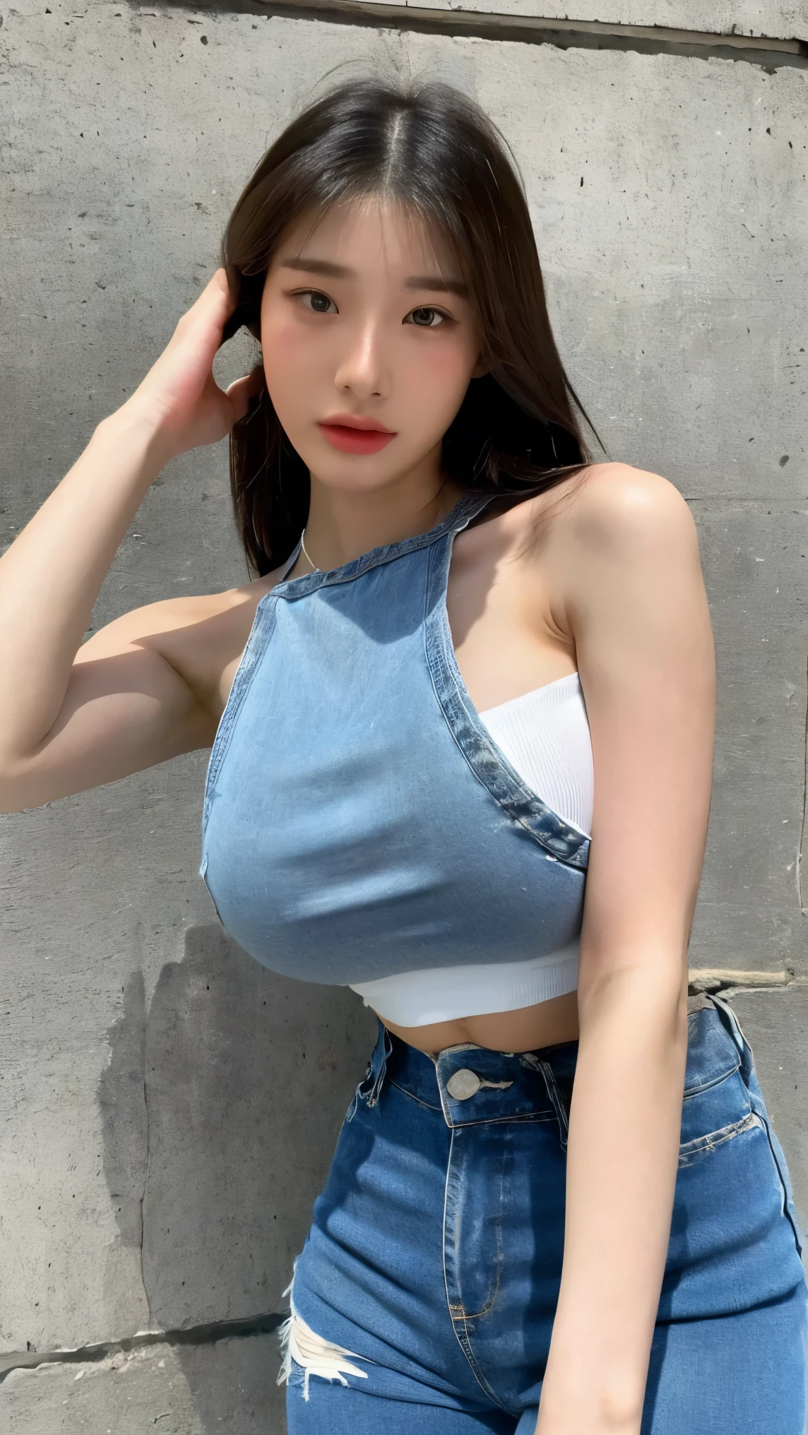 A girl with a perfect figure， very beautiful face and eyes， ,Huge breasts,Huge breasts,The bust is really big，Baogou，90s street style outfits，White low-cut，Gray denim wide pants ,Strike sexy poses,,beautiful skin