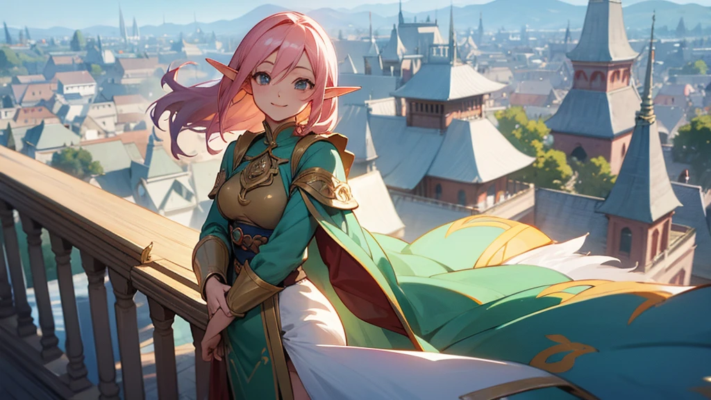 Anime Style,A detailed background with many people,Magical World,People on the balcony,Smiling Bard Elf,Mature Woman,Moderately breasted,Protruding buttocks
