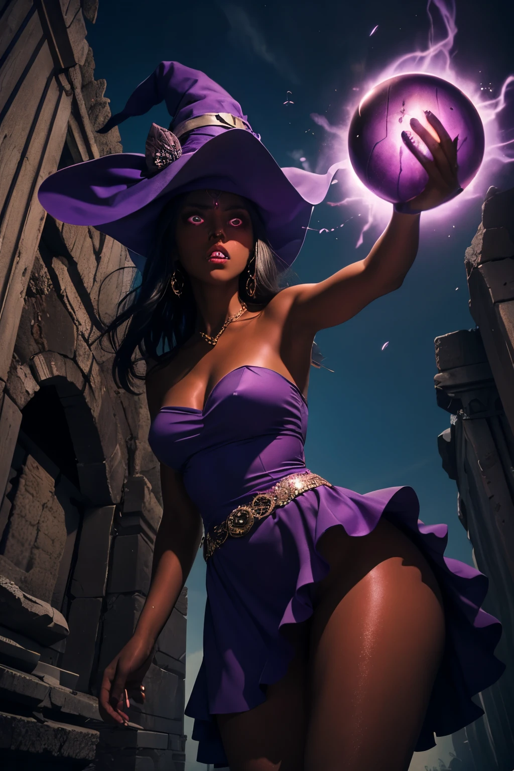 lustrous dark skin, glowing purple eyes, purple dress, strapless dress, witch, shade on her face, upskirt, angry face, energy ball on her hand, view from below, ruins of a temple