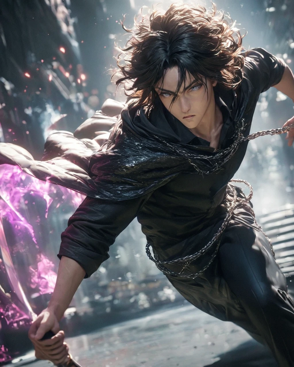 (solo), masculine, black hair, messy hair, mane hair, short hair, dense hair, wild hair, expressive hair, mature,(25 year old), pale skin, grey eyes, ((man)), teacher, wearing black shirt, rolled up sleeves, black long pants, One shoulder has shoulder armor, black cape covering one arm, detailed eyes, dark, hood, the background is space in china. Silver chains everywhere, attractive, eye reflection, depth of field, thunder aura, cinematic lighting, ray tracing, depth of field, cinematic lighting, ray tracing, UHD, high details, best quality, highres, high quality, award winning, super detail, masterpiece, 8k, UHD, high details, best quality, highres, high quality, award winning, super detail, masterpiece, 8k, digital art, anime coloring, full body, body shot, good face, perfect face, detailed face, good eyes, in a fighting position, holding a sword.