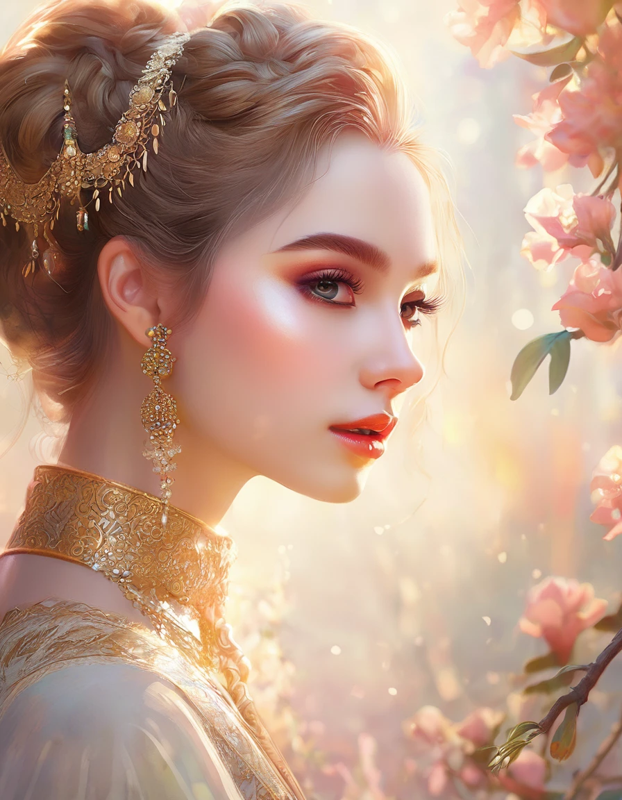 a beautiful girl, extremely detailed face and eyes, long eyelashes, beautiful detailed lips, 1girl, portrait, fantasy, digital painting, ethereal, soft lighting, warm colors, cinematic, highly detailed, intricate, ornate, elegant, delicate, serene, dreamlike, breathtaking, stunning, exquisite, masterpiece
