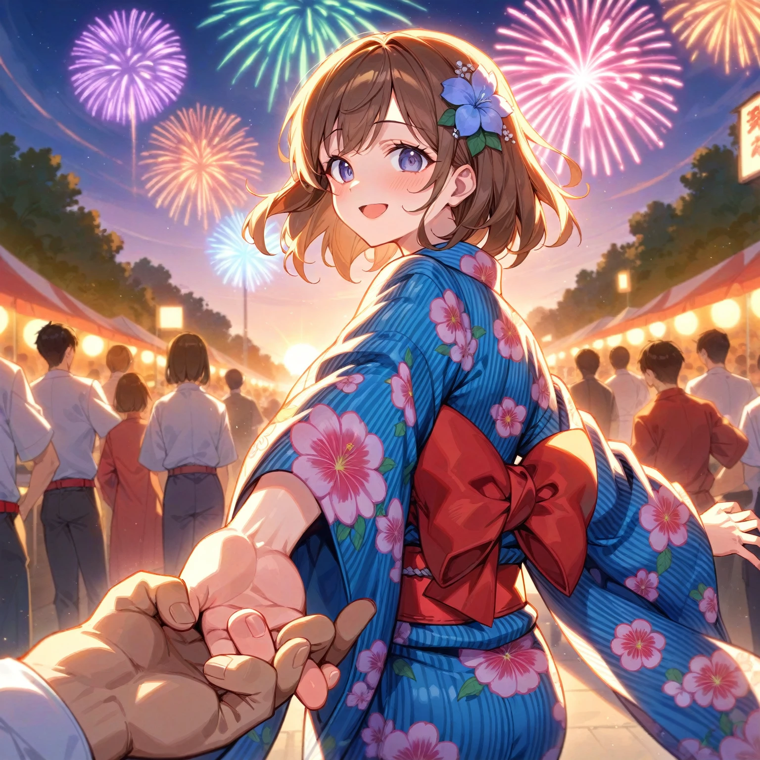 score_9, score_8_up, score_7_up, score_6_up, score_5_up, score_4_up, masterpiece, best quality BREAK 1girl、yukata、Brown Hair、Red belt、Grabbing hands, smiling, BREAK 1boy、18 yo、Grab my hand BREAK Summer Festival、firework、night