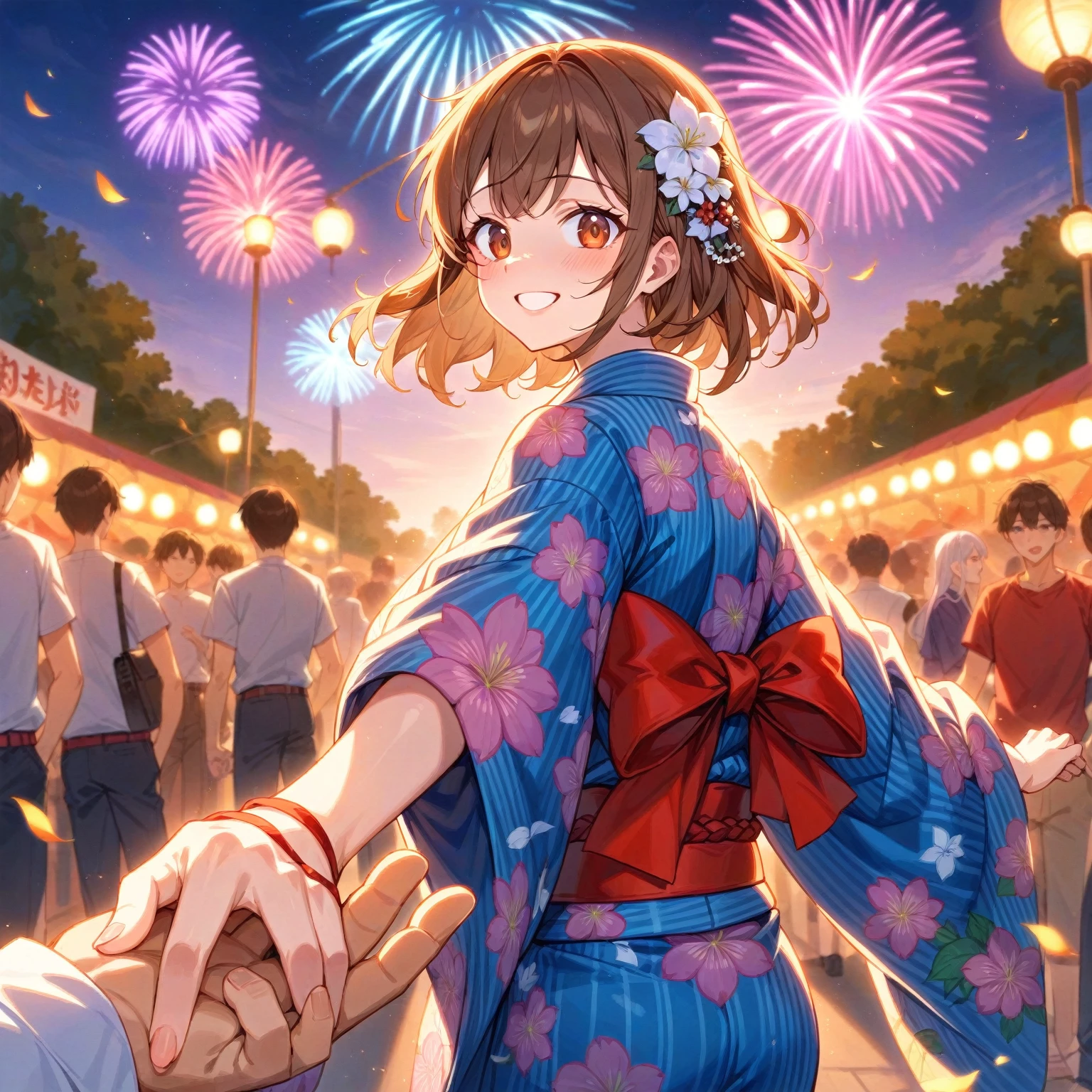 score_9, score_8_up, score_7_up, score_6_up, score_5_up, score_4_up, masterpiece, best quality BREAK 1girl、yukata、Brown Hair、Red belt、Grabbing hands, smiling, BREAK 1boy、18 yo、Grab my hand BREAK Summer Festival、firework、night