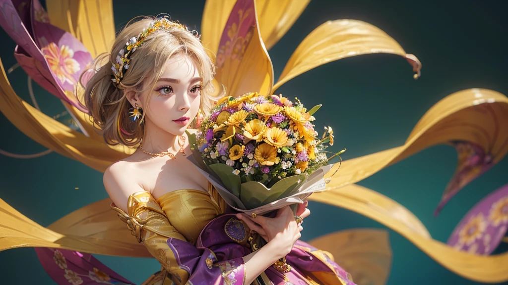 32K, 最高quality, 最高masterpiece, (ultra-Detailed Background, Detailed Background), High resolution, Super detailed, Very detailedな, One girl, (bouquet:1.3), (Tangled:1.2), (Geometric:1.2),(colorful),(masterpiece, quality, best quality, Official Art, Beautiful and beautiful:1.2), (1 girl:1.3), Very detailed,(colorful:1.1)(Flowers:1.3),Most detailed,(Tangled:1.2), whole body, (Abstract background:1.3), (Skin glows), (Many colors:1.4), ,(Earrings Jewelry:1.5), Bright yellow background,