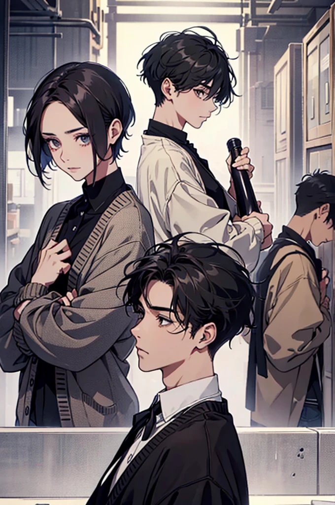 Beautiful man、Hairstyle with forehead、Short Hair、A cardigan over a black high-necked inner layer、Back view
